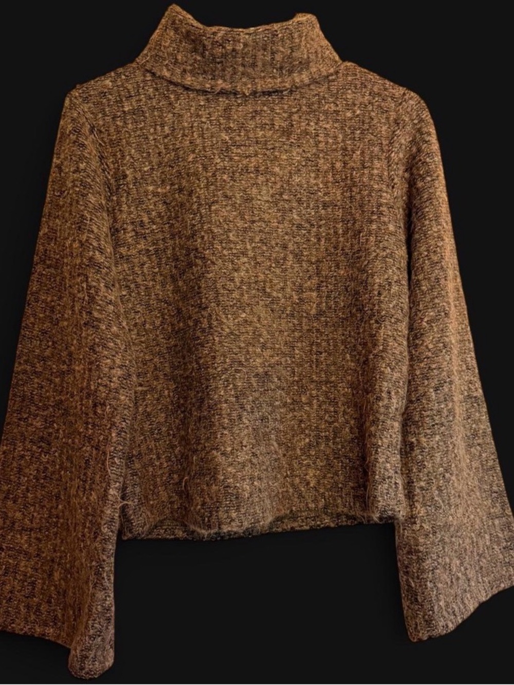 Moda International Earthtone Tweed Cropped Crew Neck Sweater Bell Sleeve Medium